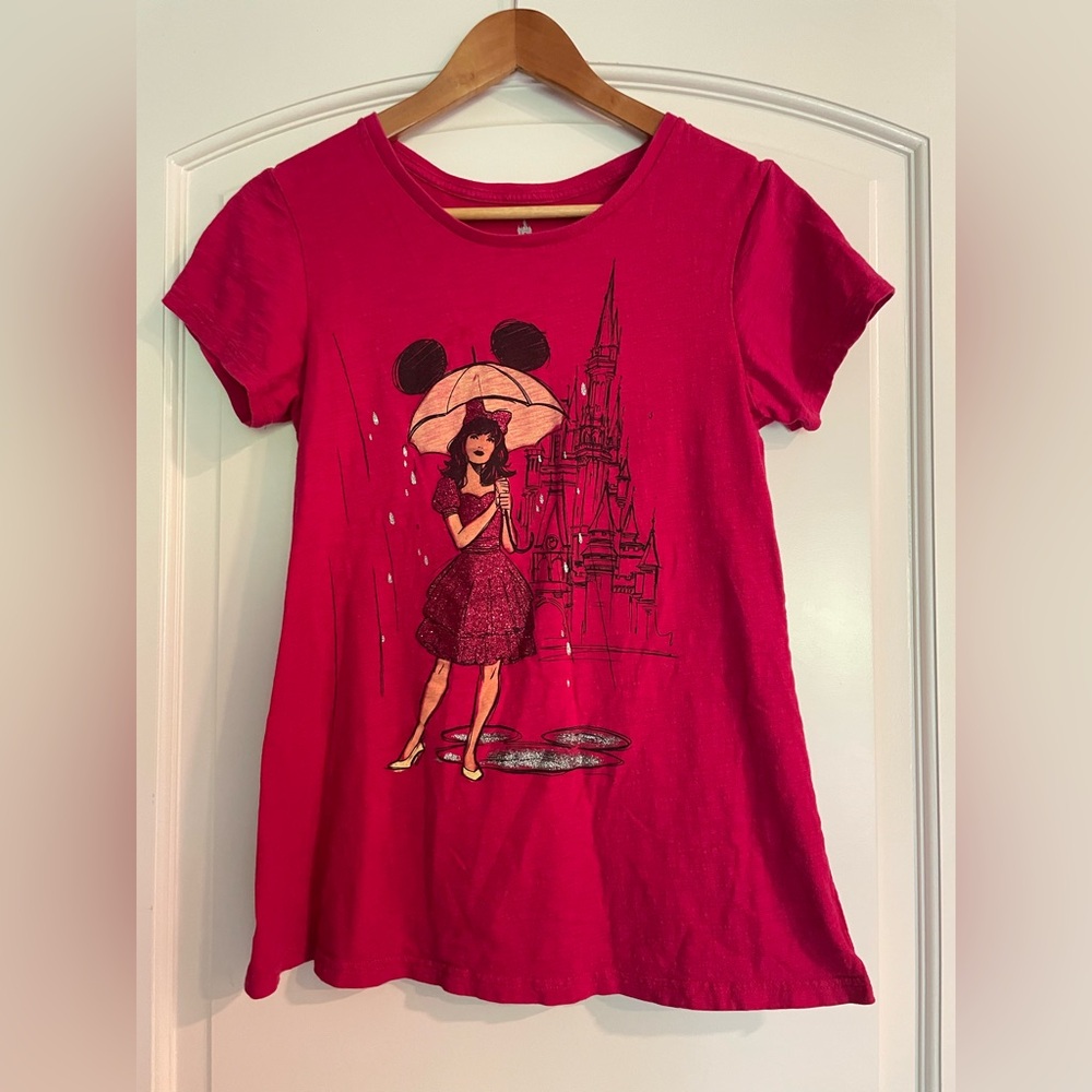 Disney Parks Minnie Mouse Rain Umbrella Glitter Hot Pink Tee Size M
